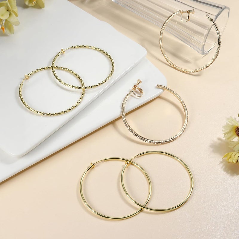 Adramata Clip On Hoop Earrings for Women Non Pierced Ears,Gold Clip On Earrings Non Piercing Big Stainless Steel Fake Hoops Lightweight 30-60mm - Image 5